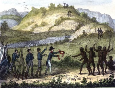 Barter jelenet a bennszülöttek és a nyugatiak között a „Razze e popoli della Terra” után, 19. század eleje. alkotó: Unknown artist