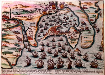 Cales Males (Spanyolország) csataterve 1596. június 30-án. A holland és az angol hadsereg flottája barátként vonul be Cales Malesbe 180 hajóval. Másnap, július 1-jén áruláson meglepve szégyenkezve el kellett hagyniuk a várost. Metszés alkotó: Unknown artist