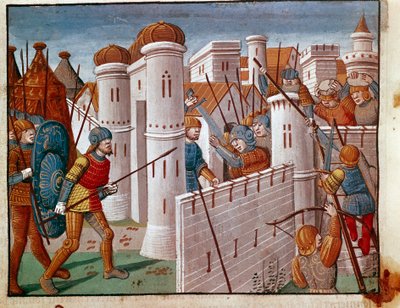 Csata egy miniatűr város sáncainak lábánál, a „Római tények” című könyvből, amely a tizenkét Cesar életét meséli el. 13. századi Velence, biblioteca Marciana alkotó: Unknown artist