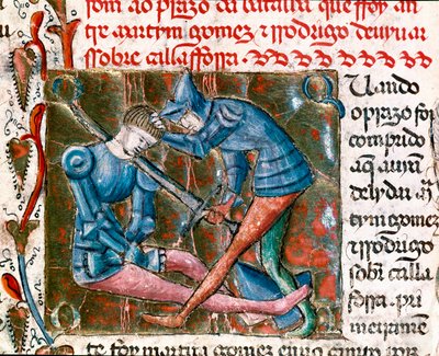 Csata Rodrigo Diaz de Vivar dit Le Cid (1043-1099) és Martin Gomez között. Miniatűr felvétel „Spanyolország krónikái” alkotó: Unknown artist