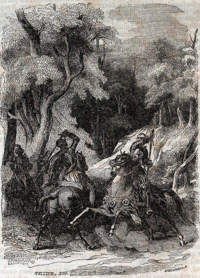 Roland és Ferragus közötti csata – 1851-es metszet Ludovico Ariosto „Dühös Roland” (Orlando furioso) című könyvéből (16. század), Ariosta néven ismert – Tressan gróf olasz nyelvről fordított kiadása, Gustave Harvard 1851. alkotó: Unknown artist