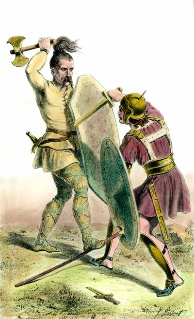 Csata egy frank katona és egy római katona között. 19. századi metszet magángyűjtemény alkotó: Unknown artist