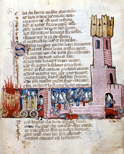 Csata egy kastélyban. A tankok égnek. Kézirat a 13. századból. Marciana Velence. alkotó: Unknown artist