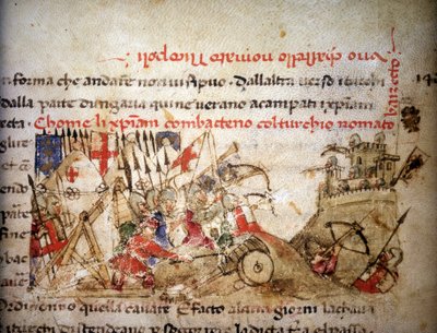 Nikopoliszi csata: a keresztények veresége I. Bajazidtól (Törökország), 1396.09.28-án „Croniche del Sercambi”-ban, 1400 körül. Nemzeti Levéltár, Lucca. alkotó: Unknown artist
