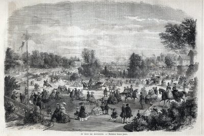 Gyönyörű napok a párizsi Bois de Boulogne-ban. Metszet a „The Illustrious Universe”-be alkotó: Unknown artist