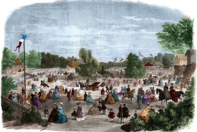 Gyönyörű napok a párizsi Bois de Boulogne-ban. Metszet a „The Illustrious Universe”-be alkotó: Unknown artist
