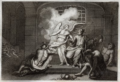 Royaumont Biblia, Újszövetség: Szent Péter Delivre de börtönben. Szent Pétert éjjel szabadítja ki a börtönből egy angyal. Illusztráció 1811-ből. alkotó: Unknown artist