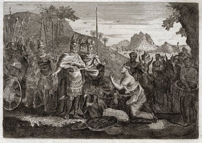 Royaumont Biblia, Ószövetség: Abigail. Abigail, Nábál felesége bölcsességével csillapítja Dávid haragját. Illusztráció 1811-ből. alkotó: Unknown artist