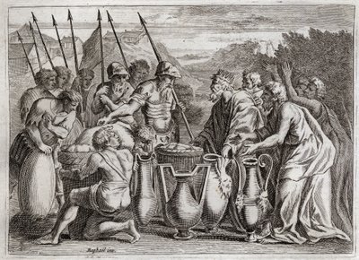 Royaumont Biblia, Ószövetség: Abraham Delivre Loth. Ábrahám megmenti Lothot, az unokaöccsét az ellenségek kezéből. A főpap Melchisedek (Melkizedek vagy Melkizedek vagy Melkisedek vagy Melki-Tsedeq vagy Melki Tsedeq) benit. Szodoma királya felajánlotta neki alkotó: Unknown artist