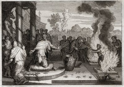 Royaumont Biblia, Ószövetség: Akház szentségtelen király. A gonosz Akház, Júda királya bosszantja Istent, és az ellenség kezébe kerül. Illusztráció 1811-ből. alkotó: Unknown artist