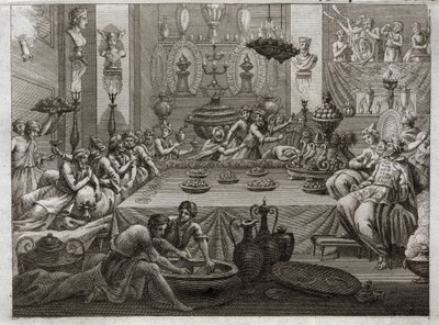 Royaumont Biblia, Ószövetség: Baltazár elítél. Baltazár (Belshatsar) király az asztalnál lát egy kezet, amely három szóban írja a mondat végét. Illusztráció 1811-ből. alkotó: Unknown artist