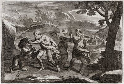 Royaumont Biblia, Ószövetség: Sámson születése. Sámson darabokra tép egy oroszlánt. Illusztráció 1811-ből. alkotó: Unknown artist
