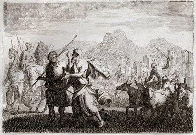 Royaumont Biblia, Ószövetség: Ábrahám elhívása. Isten hívja Ábrahámot, és megparancsolja neki, hogy hagyja el a káldeusok földjét, és jöjjön egy olyan földre, amelyet megígért neki, hogy megadja neki. Illusztráció 1811-ből. alkotó: Unknown artist