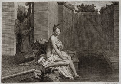 Royaumont-i Biblia, Ószövetség: Suzanne szarvasa. Két vén, a népbírák megrontják Chastete Suzanne-t, miközben ő egyedül volt a kertjében és fürdött. Illusztráció 1811-ből. alkotó: Unknown artist