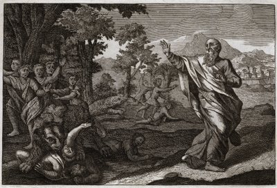 Royaumont Biblia, Ószövetség: A gyerekek felfalják a medvéket. Az Elizeus kopaszságán gúnyoló gyerekeket megtépik a medvék. Illusztráció 1811-ből. alkotó: Unknown artist