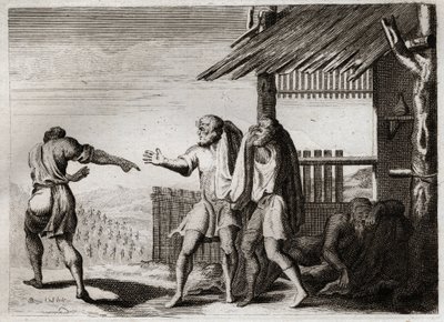 Royaumont bibliája, Ószövetség: Atyjának elátkozott cham (Noé részegség). Cham, Noe második gyermeke, látja, hogy apja illetlen testhelyzetben van, nem törődik vele, és átkozzák őt. Illusztráció 1811-ből. alkotó: Unknown artist