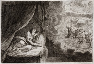 Royaumont Biblia, Ószövetség: Dániel látomása az asszírok, perzsák, görögök és rómaiak négy monarchiájáról. Négy szörnyet látnak: Hanielt, Kafzielt, Azrielt, Anielt. Illusztráció 1811-ből. alkotó: Unknown artist