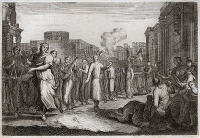 Royaumont bibliája, Ószövetség: Dávid a frigyláda előtt táncol. Dávid, miután másodszor is elhatározta, hogy hazahozza a bárkát, levitákkal szállítja, hogy elkerülje az ózaihoz hasonló balesetet. Elöl táncol alkotó: Unknown artist