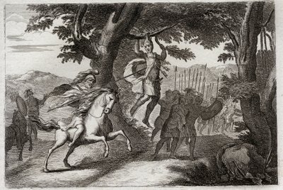 Royaumont Biblia, Ószövetség: Absolon halála. A csatából menekülő Absalom (vagy Avshalom, Absalom) tölgyes hajánál fogva, vagy Joáb három nyilas szívébe szúr. Illusztráció 1811-ből. alkotó: Unknown artist