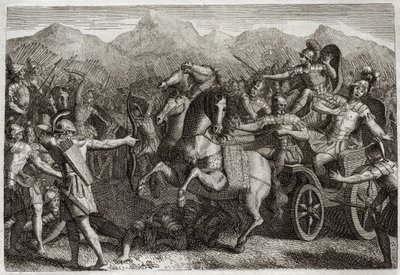 Royaumont Biblia, Ószövetség: Akháb halála. Ahab (Akhab) háborút viselt Szíria ellen, és egy véletlenszerű nyílvesszővel megölték. Illusztráció 1811-ből. alkotó: Unknown artist