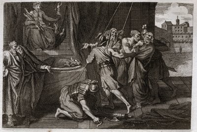 Royaumont Biblia, Ószövetség: Eleázár halála. Az öreg szent Eleázárt Antiochos IV Epiphane (Kr. e. 175-164) parancsára megölték, mert nem akart úgy tenni, mintha védett húst eszik. Illusztráció 1811-ből. alkotó: Unknown artist