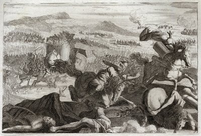 Royaumont Biblia, Ószövetség: Júdás halála. Demetrios I Soter és Nicanor veresége. Judas Machabee (Maccabee, Macabee) halála a csatában. Illusztráció 1811-ből. alkotó: Unknown artist