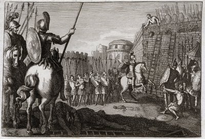 Royaumont Biblia, Ószövetség: Seba halála. És Seba (Seba) felkelt Dávid ellen, és elvette a tíz törzset utána, és Joáb üldözte Ábelát, vagy levágták a fejét egy asszony tanácsa miatt. Illusztráció 1811-ből. alkotó: Unknown artist