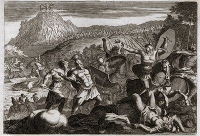 Royaumont Biblia, Ószövetség: Amalec (Amalek) veresége. Mózes győzelmet aratott az amálekiták felett, kezét magasra emelve a mennyben. Illusztráció 1811-ből. alkotó: Unknown artist