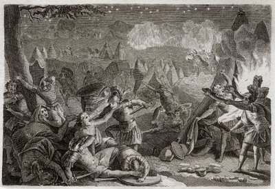 Royaumont Biblia, Ószövetség: A midianiták legyőzése a trombiták hangja és a lámpák fénye által. Illusztráció 1811-ből. alkotó: Unknown artist