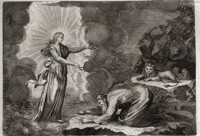 Royaumont Biblia, Ószövetség: Dániel szabadulása. Daniel, az oroszlánok barlangjában, csodálatos módon részeg. Illusztráció 1811-ből. alkotó: Unknown artist