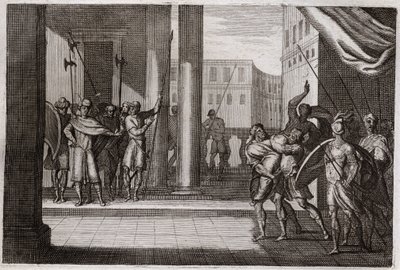 Royaumont Biblia, Ószövetség: Dina kíváncsiságból elment, hogy meglátogassa Sikem (vagy Sikem) asszonyait, és annak a városnak a királya erőszakot követelt el vele, testvérei bosszút álltak, és megölték Sikem egész lakosságát a királlyal együtt. Illusztrác alkotó: Unknown artist