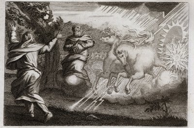 Royaumont Biblia, Ószövetség: Illés gyönyörködik a mennyben. Illést tűzes szekéren viszik a mennybe tanítványa jelenlétében. Elizeus megkapja tőle kettős elméjét: Illés palástjával kettéosztja a Jordán vizét. Illust alkotó: Unknown artist