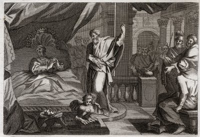 Royaumont Biblia, Ószövetség: Ezékiás egészséget kap. Ezékiás király megbetegedett a halálakor, meggyógyult és további tizenöt évig élt. Ézsaiás próféta (Ézsaiás) meghirdeti a háborúját: a jel az lesz, hogy tíz fokkal kitoljuk az óra árnyékát. alkotó: Unknown artist