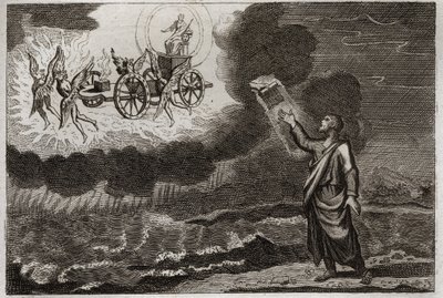 Royaumont Biblia, Ószövetség: Ezékiel próféta. Szent Prófétának volt egy látomása, amikor az Úr megjelent neki egy szekéren, amelyet négy kerubin (tetramorf) vitt. Illusztráció 1811-ből. alkotó: Unknown artist