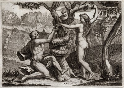 Royaumont Biblia, Ószövetség: Ádám bukása. A Démon a kígyó arca alatt beszél Évához, és a sátorhoz, hogy egyen tiltott gyümölcsöt: Éva elesik, és Ádámot is elbuktatja. Illusztráció 1811-ből. alkotó: Unknown artist