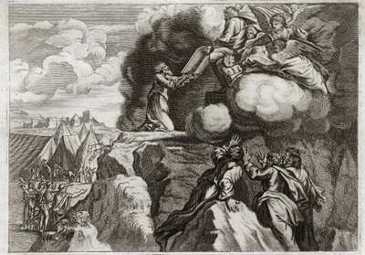 Royaumont Biblia, Ószövetség: A törvény első táblái. Isten a törvényt adja népének a Sínai-hegyen. Mózes Isten kezéből kapja a 10 parancsolatot. Illusztráció 1811-ből. alkotó: Unknown artist