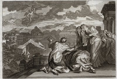 Royaumont Biblia, Ószövetség: A pestisbolha. És miután Dávid hiábavaló mozdulattal beárnyékolta egész népét, Isten döghalál sújtja országát, amely három nap alatt hetvenezer embert vesz igénybe. Illusztráció 1811-ből. alkotó: Unknown artist