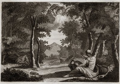 Royaumont Biblia, Ószövetség: Agar menekülése. Agar (Hagar) felemelkedik a mesében, Sara (Sarah) az ő szeretője. Sara komolyan fecsegeti arcátlanságát. Agar nem tudja elszenvedni, és elmenekült a sivatagban lévő házból, vagy egy angyal beszél vele, hogy ho alkotó: Unknown artist