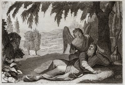 Royaumont bibliája, Ószövetség: Illés menekülése. A Jezabel haragja elől menekülő Illést, aki bosszút akart állni rajta hamis prófétáinak haláláért, egy angyal támogatja a sivatagban, aki ételt hoz neki. Illusztráció 1811-ből. alkotó: Unknown artist