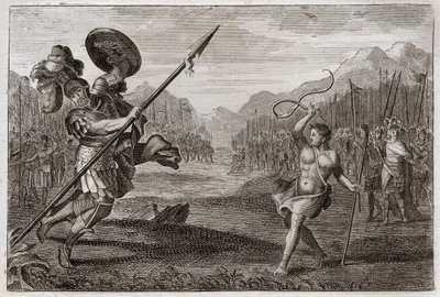 Royaumont Biblia, Ószövetség: Óriás Góliát. A csodálatos nagyságú filiszteus Góliátot legyőzi Dávid, csak hevederrel és bottal fegyver. Illusztráció 1811-ből. alkotó: Unknown artist
