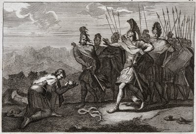 Royaumont Biblia, Ószövetség: Saul feje. A filiszteusok élvezik Saul halálát, és fejét bálványuknak ajánlják. Dávid megbánja a halálát, és Júdeába megy, különben királlyá ismerik el Hebronban. Illusztráció 1811-ből. alkotó: Unknown artist