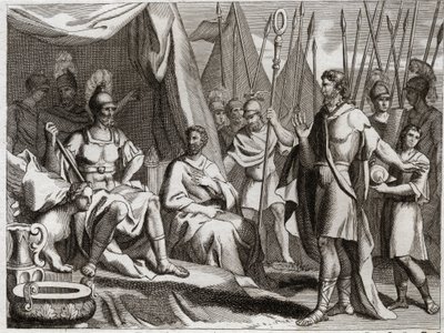 Royaumont Biblia, Ószövetség: Holoferne. II. Nabukodonozor karjának tábornoka, Holoferne Júdeához közeledik. Ahior, az ammoniták királya, aki azért jött, hogy visszaadja neki, Holoferne elé emeli a zsidók Istenének hatalmát. Illusztráció a 181-ből alkotó: Unknown artist