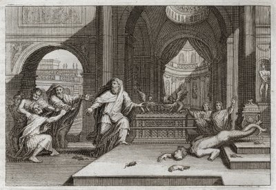 Royaumont Biblia, Ószövetség: Dagon bálványa. És amikor a filiszteusok a frigyládát a templomba helyezték Dágon, az ő Istenük mellé, lerontotta bálványukat, és mindnyájukat megütötte egy nagyon arató csapás, amely arra kényszerítette őket, hogy elküldjék ő alkotó: Unknown artist