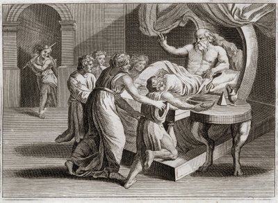 Royaumont Biblia, Ószövetség: Izsák megáldotta Jákóbot. Izsák, aki Ézsaut meg akarja áldani, áldását adja Jákóbnak Rebeka bölcsességével, akihez Isten terve szerint tartozott. Illusztráció 1811-ből. alkotó: Unknown artist