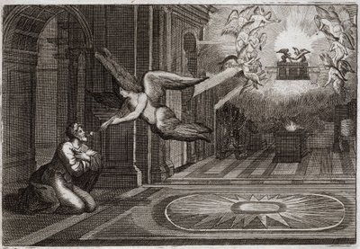 Royaumont Biblia, Ószövetség: Ésaiás próféta. Egy szerafin fogott csipesszel egy égő szenet, amely az oltáron volt, és megérintette ennek a szent próféta ajkát, hogy megtisztítsa minden szennyeződésétől. Illusztráció 1811-ből. alkotó: Unknown artist