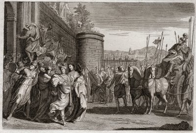Royaumont Biblia, Ószövetség: Jefte feláldozza a lányát. Jefte, Izrael bíráinak egyike megesküdött, hogy feláldozza Istennek az első embert, aki az ammoniták elleni győzelme után eljön hozzá. A lánya volt. Illusztráció 1811-ből. alkotó: Unknown artist
