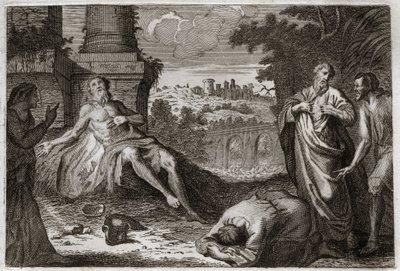 Royaumont Biblia, Ószövetség: Jób trágyán. A szent embert, Jóbot megkísérti a démon, aki elveszi minden javát és minden gyermekét, szörnyű sebet ejt, és csak a feleségét hagyja, hogy türelmetlenül hordozza. Illusztráció a 181-ből alkotó: Unknown artist