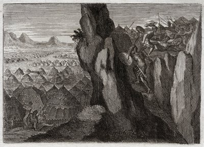 Royaumont Biblia, Ószövetség: Jonathan és Ecuyere. Jonatán, Saul király fia egyedül megy Ecuyerével a filiszteusok táborába, és menekülésre bocsátja őket. Illusztráció 1811-ből. alkotó: Unknown artist