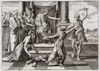 Royaumont Biblia, Ószövetség: Salamon ítélete. Salamon híres ítélete két nő között, hogy felismerjék, melyikük volt egy gyermek anyja, akiről mindketten azt vallották, hogy ő. Illusztráció 1811-ből. alkotó: Unknown artist