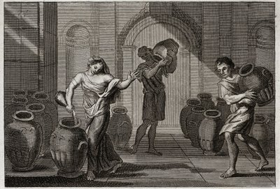 Royaumont Biblia, Ószövetség: Elisé csodája. Elizeus jótékonykodását felhasználva elgyötört özvegye, ez a próféta megparancsolta neki, hogy kérjen kölcsön sok edényt ezektől a szomszédoktól, amelyeket megtöltött olajjal egy kis maradékkal, ami a kezében vo alkotó: Unknown artist